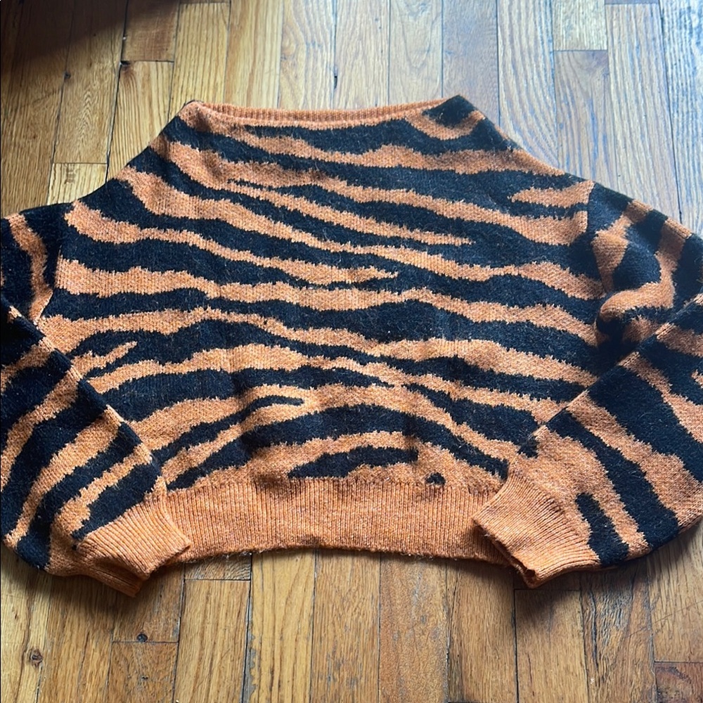 Mango Orange and Black Cowl Neck Sweater with Bold Stripes